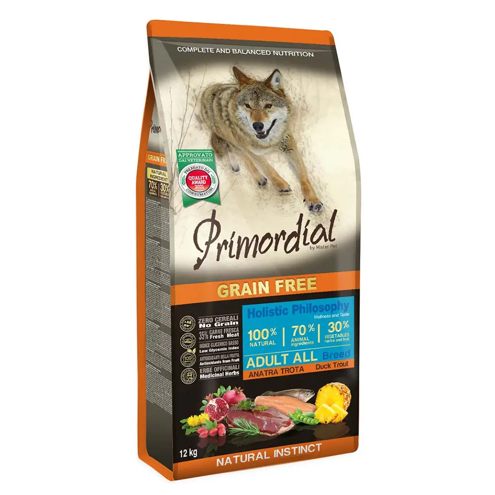 PRIMORDIAL HOLISTIC GRAIN-FREE DOG Adult Trout & Duck Д/взрослых собак всех пород с форелью и уткой