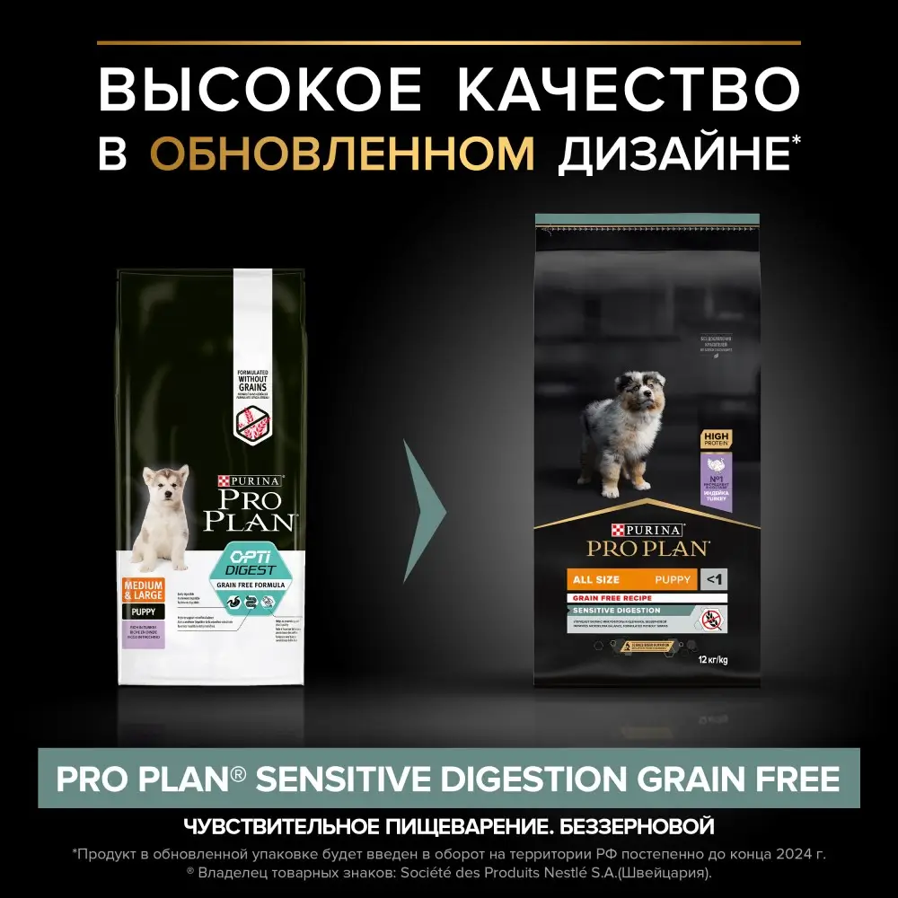 Сухой корм PRO PLAN GRAIN FREE беззерновой для щенков всех пород с чувствительным пищеварением с индейкой